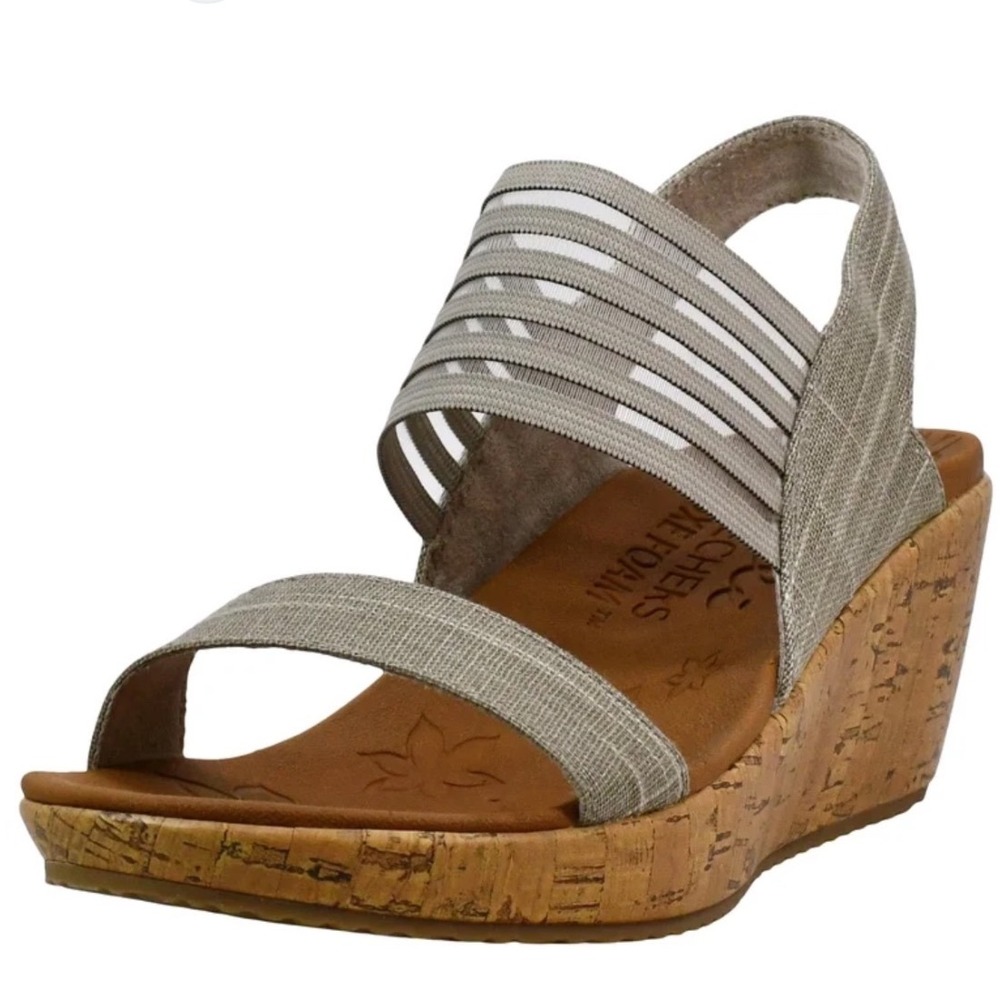 Skechers Rumblers Beverley Taupe Strappy Cork Wedge Sandals Women's Size 9.5